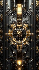 Poster - Symmetrical metallic fractal pattern with chrome and gold textures, sharp reflective surfaces, glowing accents, intricate geometric details, smooth light transitions, futuristic and abstract design,