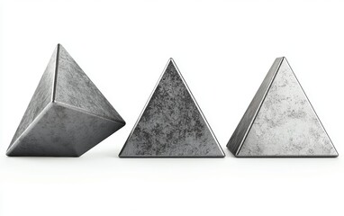 Geometric shapes in 3D, floating and overlapping, isolated on white with metallic textures