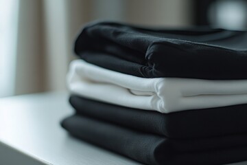 Neatly arranged minimalist sportswear items in black and white on a smooth table, ideal for quick outfit selection before workouts. Generative AI