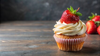 Delicious strawberry cupcake with creamy frosting and fresh strawberry topping perfect for bakery dessert or celebrations