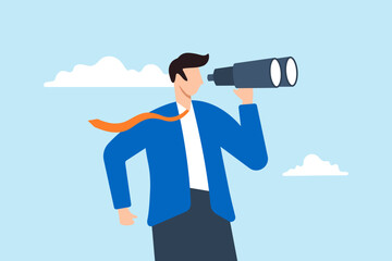 Poster - Flat illustration of curious businessman looks through binoculars searching for new job opportunities and candidates