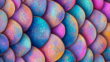A vibrant abstract pattern with multicolored, overlapping shapes resembling scales or tiles, featuring bright hues of blue, purple, and orange