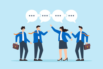 Poster - Flat illustration of business people communicate with jigsaw speech bubbles collaborating for success in meetings