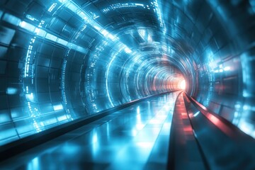 Poster - Light trails in a futuristic tunnel create a surreal journey through technology at night