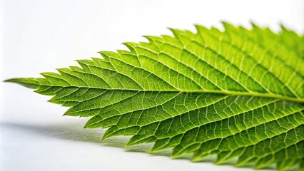 Wall Mural - Serrated leaf closeup with isolated white background low angle view