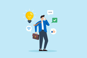 Aufkleber - Flat illustration of smart businessman discusses ideas on phone promoting good communication skills for success
