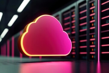 Neon cloud symbol on digital server background, showcasing modern tech.