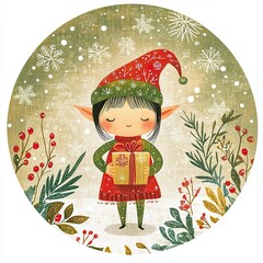 Round label, Scandinavian folk art-inspired illustration of a cheerful Christmas elf in green and red attire, holding a wrapped gift.