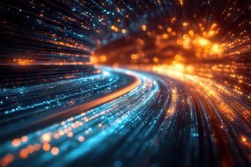 Poster - Colorful glowing particles swirl in a dynamic motion through a dark tunnel of light