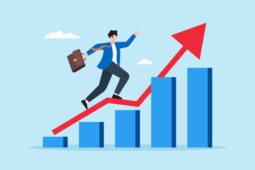 Poster - Flat illustration of businessman running up growth chart symbolizing ambition and achievement in career