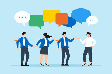 Poster - Flat illustration of business team discusses work in meeting exchanging ideas with speech bubbles illustrating conversation