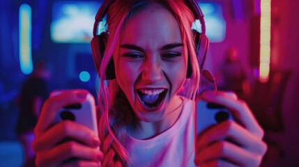 excited play games by mobile phone make winner gesture. winning mobile gambling. Wow face expression. Esport streaming game online, surprise, gamer, online, earning, new generation.