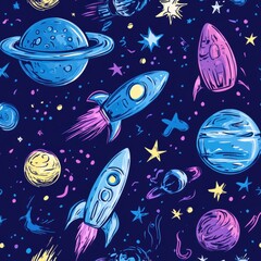 Poster - A whimsical collection of doodles showcases planets, stars, rockets, and asteroids, blending creativity with a cosmic theme in vibrant colors. Generative AI