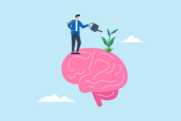Poster - Flat illustration of businessman watering growth seedling on big brain symbolizing growth mindset for learning and improvement