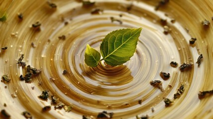 Poster - A single tea leaf dances in the warm water, generating delicate spirals and ripples, enhancing a moment of tranquility. Generative AI
