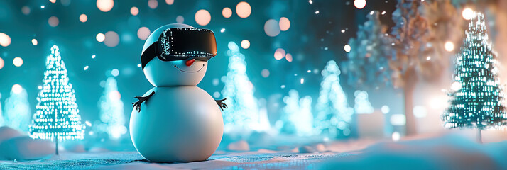 Ein futuristische Schneemann mit VR-Brille in der digitalen Winterlandschaft