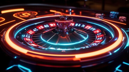 Poster - Bright neon numbers illuminate the roulette table, inviting players to try their luck in an energetic casino environment after dark. Generative AI