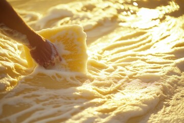 Wall Mural - hand in foamy yellow water