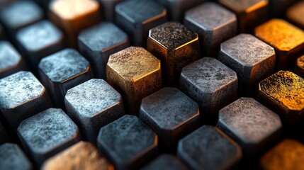 Leinwandbilder - This visual features a close-up arrangement of hexagonal metallic blocks, highlighting an array of textures and colors under soft lighting, creating a striking artistic effect.