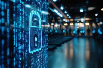 Poster - Digital lock symbol with binary code in a modern, high-tech environment at night