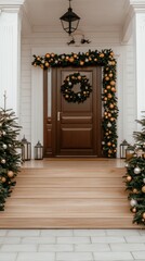 Wall Mural - A beautiful evergreen wreath featuring pine cones and nuts adds a festive touch to a light-colored wall, perfect for winter celebrations