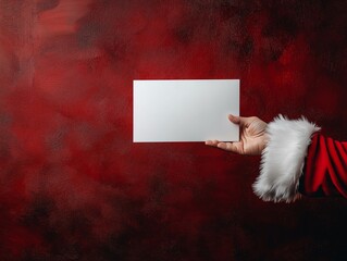 Red background, hand in Santa Claus costume holding a blank document.