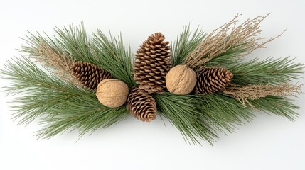 Wall Mural - A beautiful evergreen wreath featuring pine cones and nuts adds a festive touch to a light-colored wall, perfect for winter celebrations