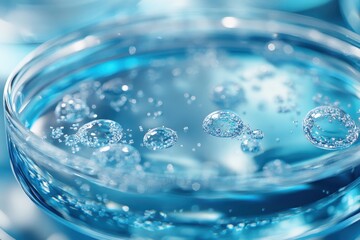 Poster - Bubbles rising in clear blue liquid inside a petri dish at a laboratory