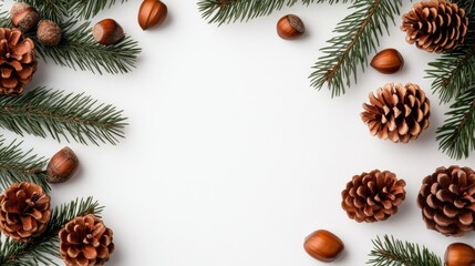 Wall Mural - A beautiful evergreen wreath featuring pine cones and nuts adds a festive touch to a light-colored wall, perfect for winter celebrations