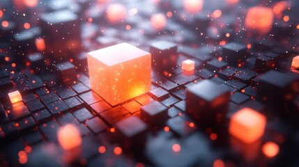 Leinwandbilder - A vibrant array of glowing cubes fills the foreground, with intense reds and blacks creating a captivating abstract digital landscape, evoking a sense of depth and complexity.