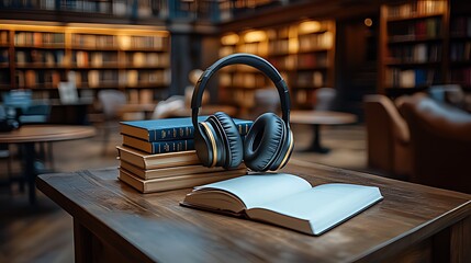 Headphones rest on a stack of books on a wooden table in a library.