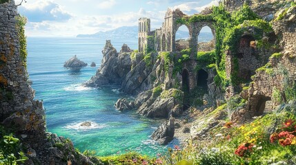 Sticker - Ancient ruins on coastal cliff vines covering stones sea sparkling under bright sunlight