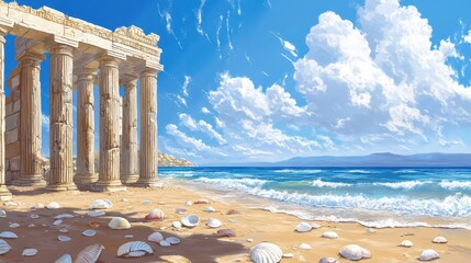 Wall Mural - Crumbled temple columns on a sandy beach seashells and gentle waves under a blue sky