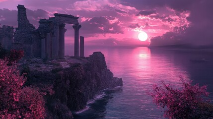 Wall Mural - Temple ruins at the cliff edge calm sea reflecting soft pink and purple hues at twilight