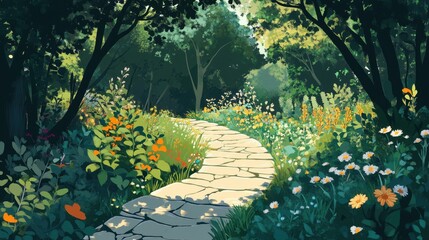 Poster - Winding stone path through lush forest dappled sunlight and wildflowers temple in the distance