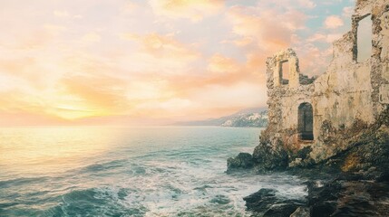 Poster - Coastal ruins under pastel skies waves gently lapping at rocky shore creating a calm scene