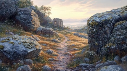 Wall Mural - Rocky path with lichen-covered boulders morning mist rising as temple ruins appear ahead