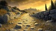 © javier - Hillside path lined with stones leading to temple bathed in golden light shadows cast on terrain