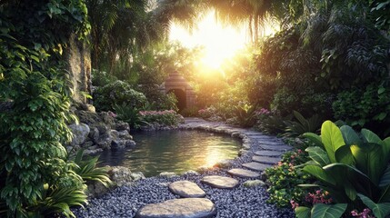 Canvas Print - Sacred pond surrounded by lush greenery stone path leading to temple ruins in warm sunset light