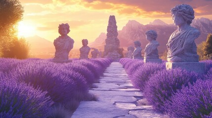 Poster - Pathway lined with crumbling statues leading through lavender field toward distant temple ruins