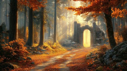 Wall Mural - Leaf-covered forest path flanked by pines ancient ruins and sunlight filtering through trees