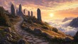 © javier - Path leading to temple bathed in misty sunset light ancient stones glowing as clouds gather overhead