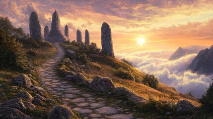 Sticker - Path leading to temple bathed in misty sunset light ancient stones glowing as clouds gather overhead