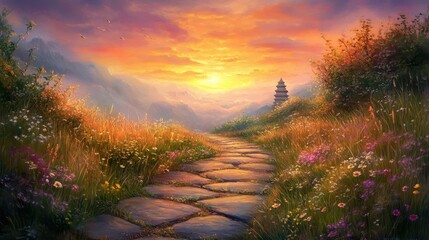 Wall Mural - Path winds through valley temple visible against sunset casting warm hues on landscape