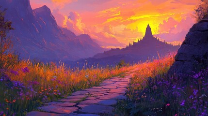 Sticker - Weathered stone path in valley temple outline glowing against warm sunset colors