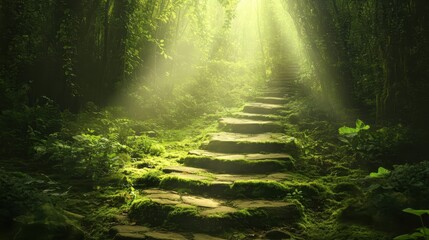 Wall Mural - Sunlit mossy path through dense forest leading to hidden temple shrouded in vines