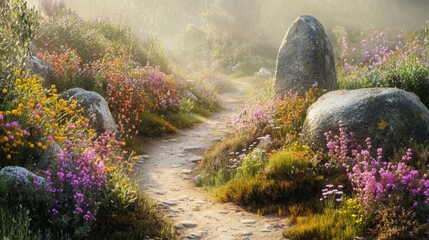 Canvas Print - Trail bordered by herbs and wildflowers leading to altar dew sparkling in morning sunlight