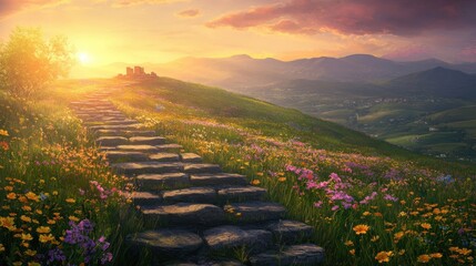 Canvas Print - Aerial view of forest with hidden temple stone walls and path bathed in golden afternoon sunlight