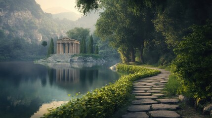 Canvas Print - Serene lake reflection of temple stone path leading to water dawn light creating a magical glow