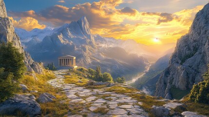 Wall Mural - Mountain pass with stone path leading to Greek temple sunset casting warm light on peaks and valleys